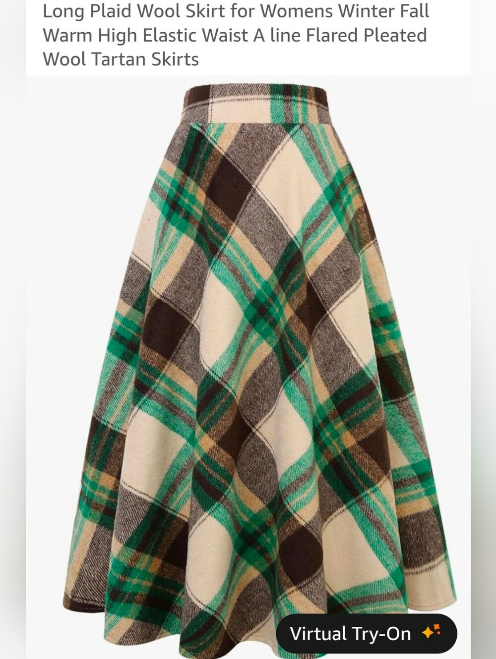 Green Plaid A-Line Wool-Blend Skirt by